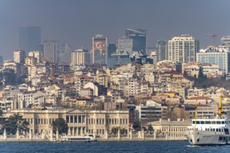 City view with Besiktas and Dolmabahçe Palace on the Bosphorus in Istanbul, Turkey