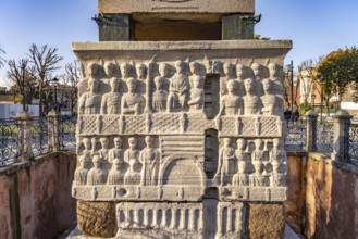 Marble base of the ancient Egyptian Obelisk of Theodosius or Obelisk of Istanbul with reliefs on