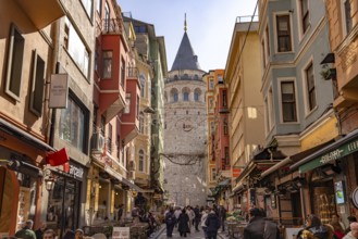 Shops, restaurants and the Galata Tower in Beyoglu, Istanbul, Turkey
