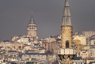 Minaret of the Tibbiye Mosque, Beyoglu and the Galata Tower, Istanbul, Turkey