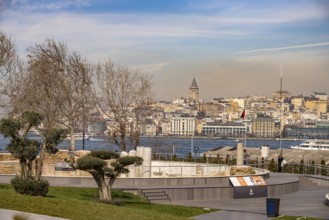Sarayburnu Archaeological Park and Beyoglu with the Galata Tower, Istanbul, Turkey