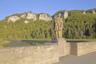Saint Nepomuk statue and Danube with rock formations, landscape, rock cliffs, rocks, mountains,