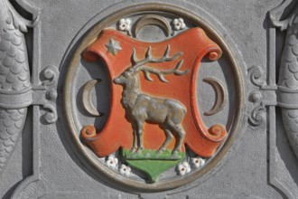 Stag figure as heraldic animal, town coat of arms, detail, market fountain, Sigmaringen, Swabian