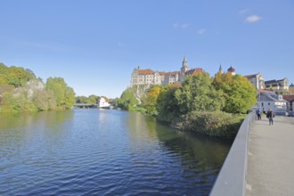 Hohenzollern Castle and Danube, river bank with autumn colours, castle bridge, landmark, castle,