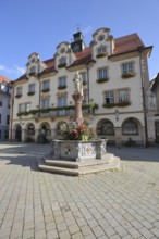 Town hall built in 1927 with dormer windows and market fountain, half-timbered house, Sigmaringen,