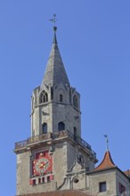 Roman tower with clock from Hohenzollern Castle, Sigmaringen Castle, Swabian Alb,