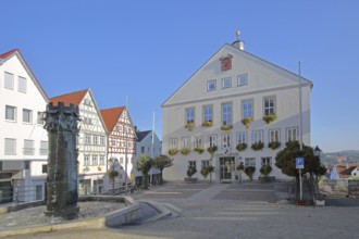 Town hall built in 1958 and town hall fountain by Klaus Ringwald 1998, market square, Hechingen,