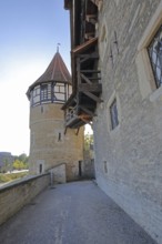 Water tower with external staircase built around 1255, wooden bridge, Zollernschloss, castle,