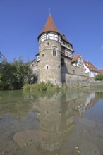 Zollern Castle built around 1255 with water tower on the Eybach stream, half-timbered house,