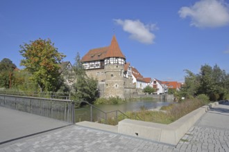 Zollern Castle built around 1255 with water tower on the bridge over the Eybach stream,