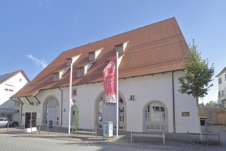 Historic tithe barn with flags, museum, tithe barn, Balingen, Swabian Alb, Baden-Württemberg,