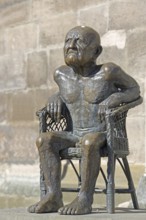 Sculpture The Old Man by Guido Messer 1981 bronze sculpture, modern art, old naked sitting man with