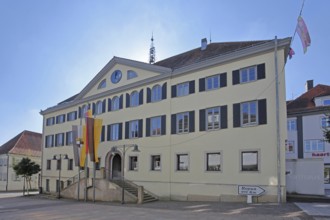 Town hall with German national flag, Baden-Württemberg state flag and town flag, Balingen, Swabian