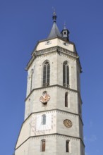 Tower of the late Gothic town church with sundial and clocks, church tower, landmark, Balingen,