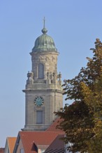 Tower of the collegiate church of St James built in 1783, Hechingen, Swabian Alb,