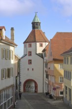 Lower tower built in 1579, town gate, town tower, houses, Hechingen, Swabian Alb,