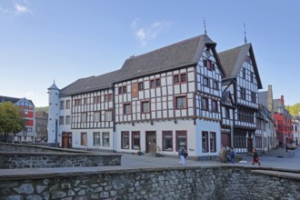 Heinz-Küpper-Bridge and half-timbered houses, pedestrian, market, Bad Münstereifel, Ahrgebirge,