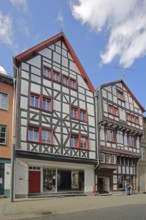 Half-timbered houses, pedestrians, Orchheimer Straße, Bad Münstereifel, Ahrgebirge, Eifel, North