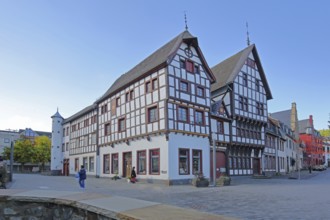 Half-timbered houses, pedestrians, market, Marktstraße, Bad Münstereifel, Ahrgebirge, Eifel, North