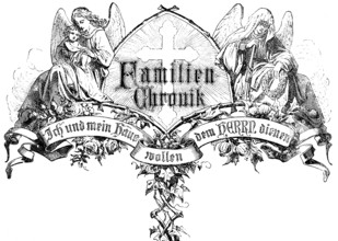 Cover picture family chronicle with happy and mourning angels, baby, and funeral wreath, symbols
