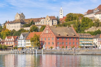 Picturesque town view with castle and church on the shore of a lake, Meersburg, Lake Constance,