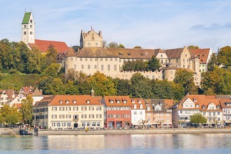 Historic castle above a lakeside town with colourful roofs, Meersburg, Lake Constance, Germany