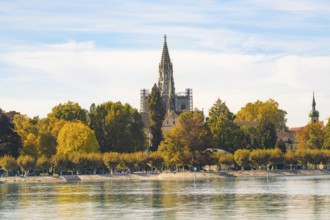 Impressive church tower with surrounding autumnal trees on the riverside, Constance, Lake