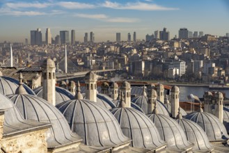 View over the roofs of the Süleymaniye Mosque to the skyline of Istanbul, Turkey