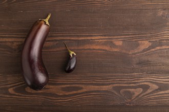 Two Eggplants big and small on brown wooden background, top view, flat lay, copy space, minimalism
