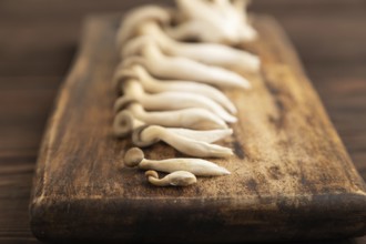 Raw Oyster mushroom, Pleurotus ostreatus on cutting board on brown wooden background. Side view,