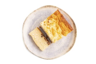 ?ottage cheese ?asserole, Curd cake, with dried apricots and raisins Isolated on white background,