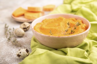 Sweet potato porridge in ceramic bowl on brown concrete background and green textile. Diet, healthy