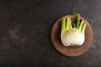 Fresh Fennel bulb on wooden cutting board on black concrete background, top view, flat lay, copy