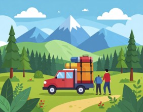 Traveling and hiking in mountain landscape, abstract vector illustration, AI generated image