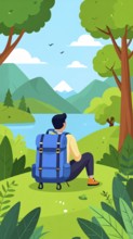 Traveling and hiking in mountain landscape, abstract vector illustration, AI generated image