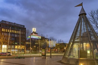 Buffalo Square and Dortmund's landmark U, Centre for Art and Creativity at dusk, Dortmund, North