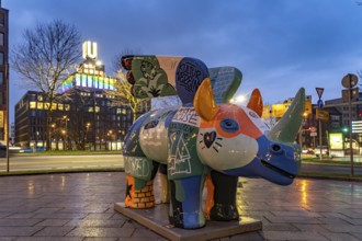 The Winged Rhinoceros, heraldic animal and mascot of the concert hall Dortmund in front of