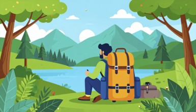 Traveling and hiking in mountain landscape, abstract vector illustration, AI generated image