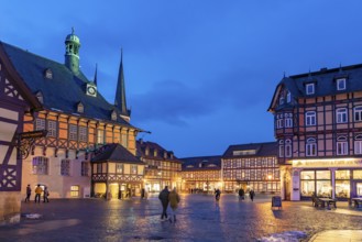 The town hall and market square in Wernigerode at dusk, Saxony-Anhalt, Germany