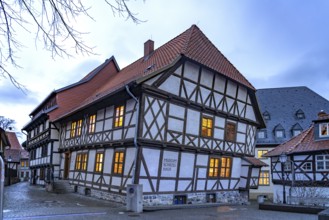 Half-timbered house museum Schiefes Haus at dusk, Wernigerode, Saxony-Anhalt, Germany