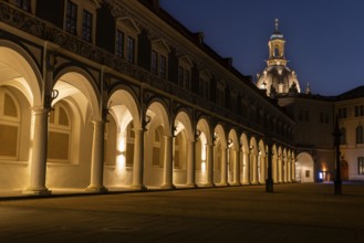 Tower of the Church of Our Lady, pillars and archway in the Stallhof, Residenzschloss, Blue Hour,