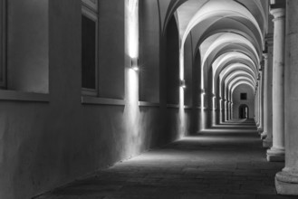 Pillars and archway in the stable courtyard, artificial light, Residenzschloss, Neustadt, Dresden,
