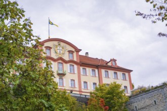 A magnificent building with a flag in the foreground, surrounded by autumnal greenery, Mainau