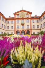 Impressive building with magnificent sea of flowers in the foreground, Mainau flower island, Lake
