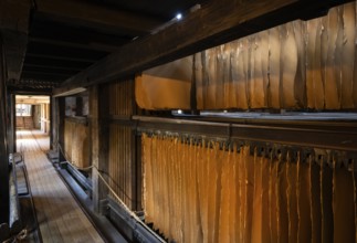 Cardboard hung up to dry, drying plant, factory hall, former paper factory and mill for the