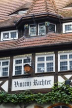 Vincenz Richter wine house, half-timbered house, historic windows, wine barrel, market square, old
