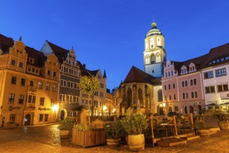 Market Square, Market Pharmacy, Church of Our Lady, Blue Hour, Old Town, Meissen, Saxony, Germany