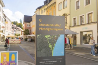 A city map with street names in a lively street with autumnal buildings, Überlingen, Lake