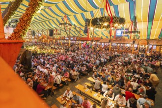 Large crowd celebrating in a colourfully decorated marquee, Cannstatter Wasen folk festival,