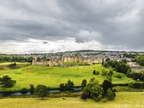 Alnwick Castle from a drone, Alnwick, Northumberland, England, United Kingdom